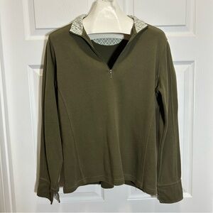 Orvis Olive Green Quarter Zip Sweatshirt with Patterned Collar